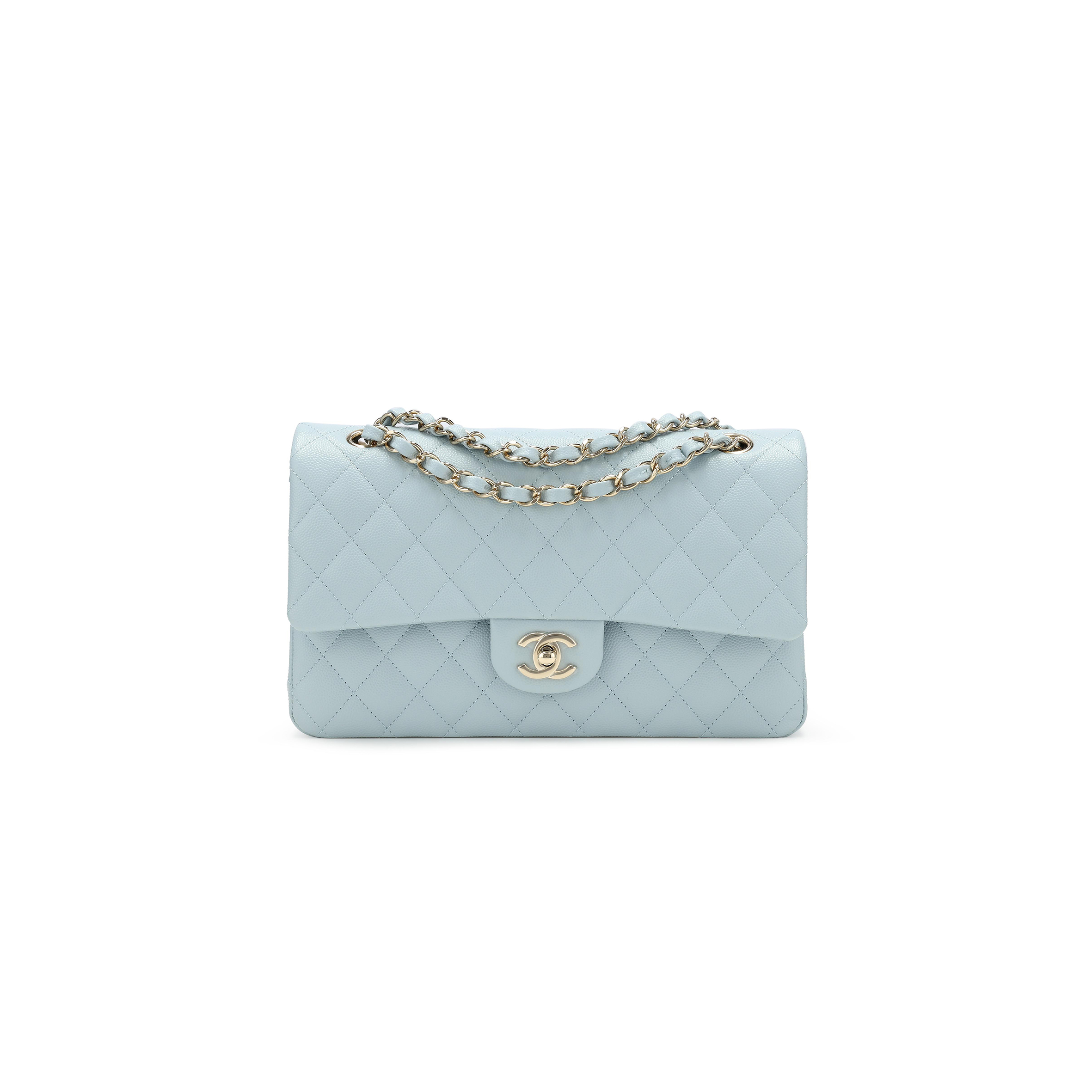 CHANEL MEDIUM CLASSIC DOUBLE FLAP BAG BLUE QUILTED CAVIAR LIGHT GOLD HARDWARE (25*15*7cm)